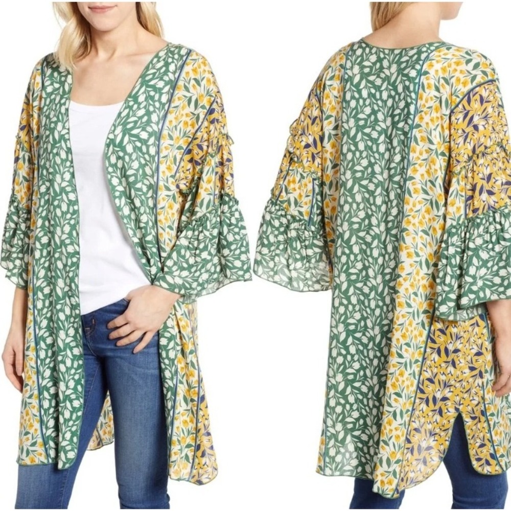 Democracy Colorful Tulip Print Kimono Cardigan Open Front Ruffle Bell Sleeve S/M
